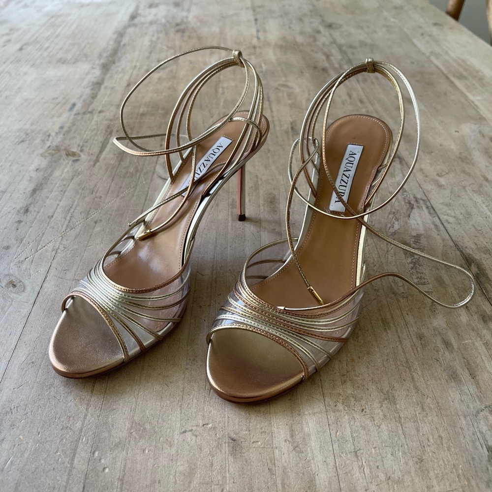 Aquazzura Call Me 85 Leather and PVC sandal in Gold, NWB, SZ 39 - Picture 5 of 16